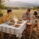 Family eating outdoors at a table in a field with a toddler in a high chair