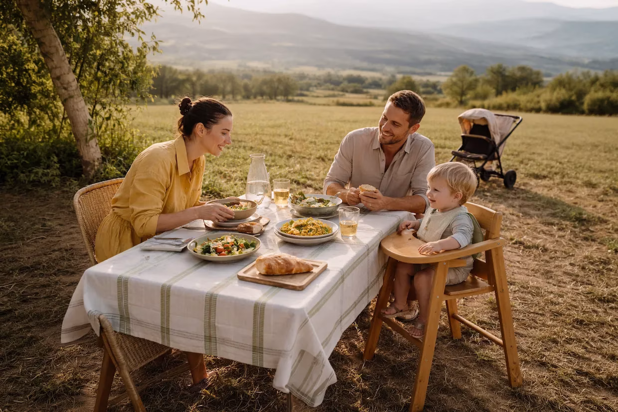 Family eating outdoors at a table in a field with a toddler in a high chair
