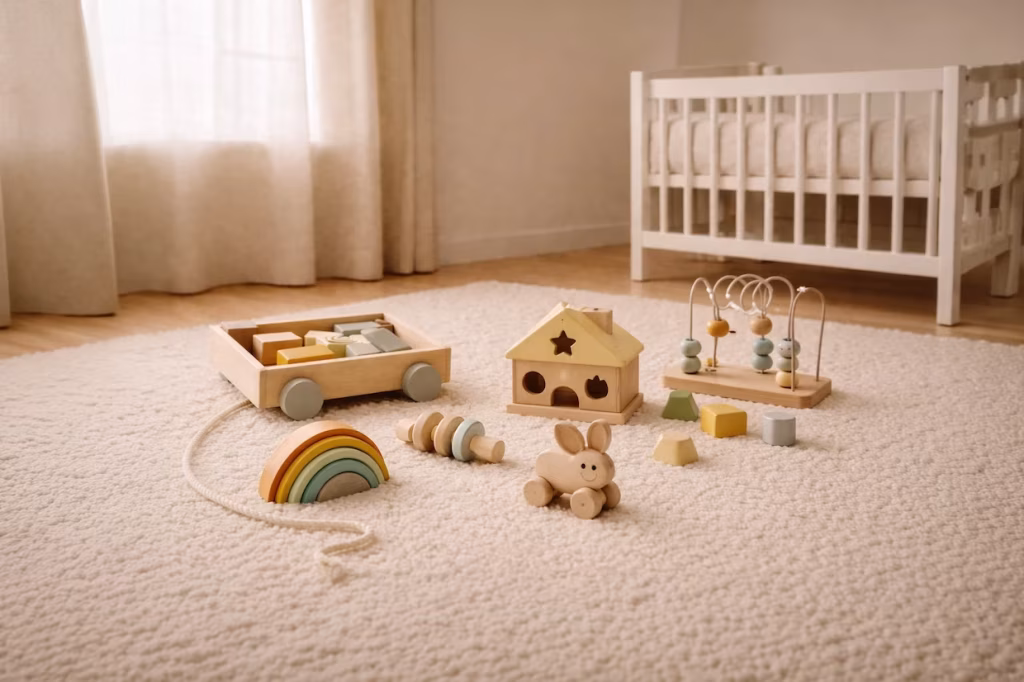 Wooden toys and a rainbow stacker on a rug beside a white cot