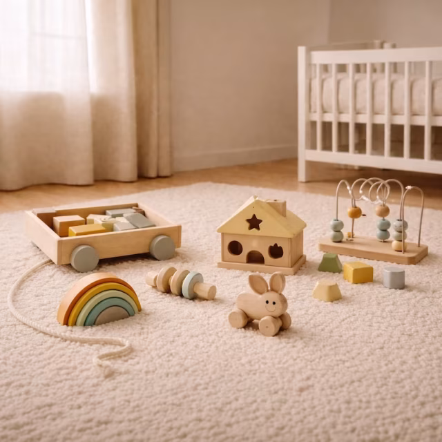 Wooden toys and a rainbow stacker on a rug beside a white cot