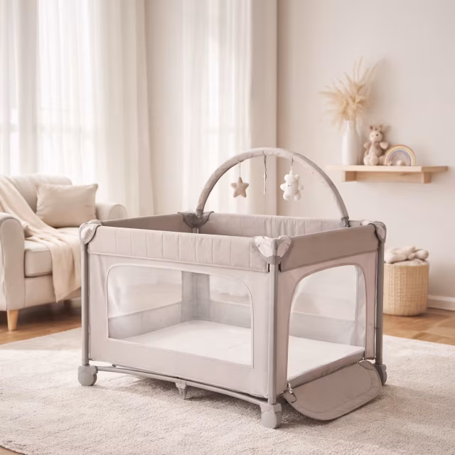 Grey travel cot set up in a bright bedroom