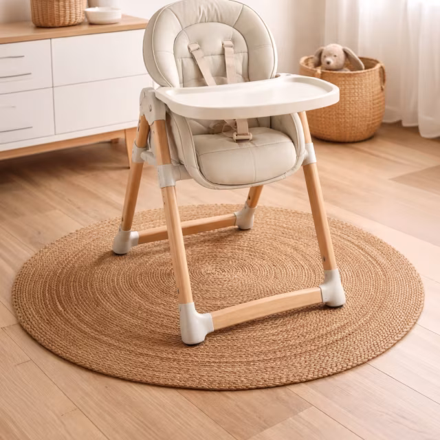 Grey high chair on a round rug in a bright kitchen