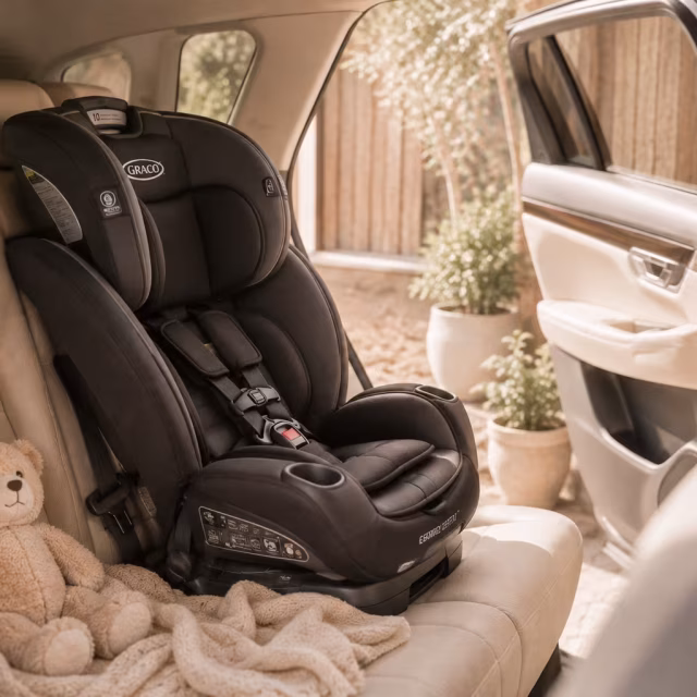 Child car seat fitted in the back seat of a car
