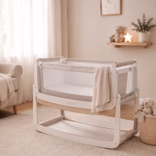 Bedside crib in a softly lit nursery