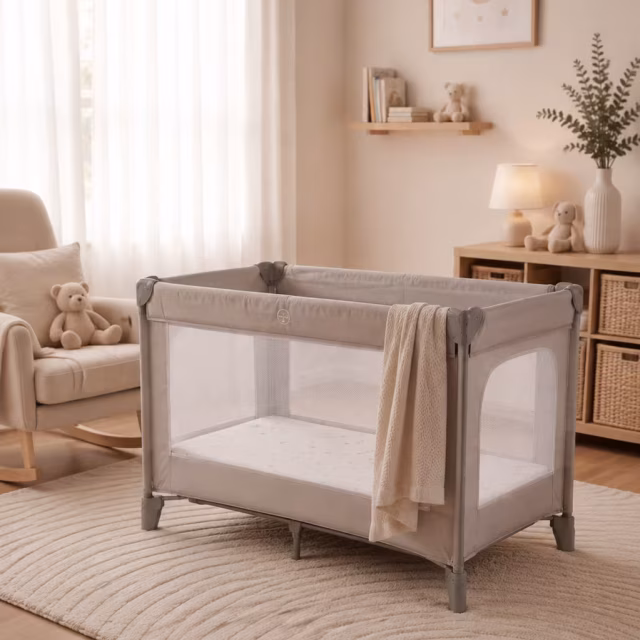 Travel cot set up in a bright nursery