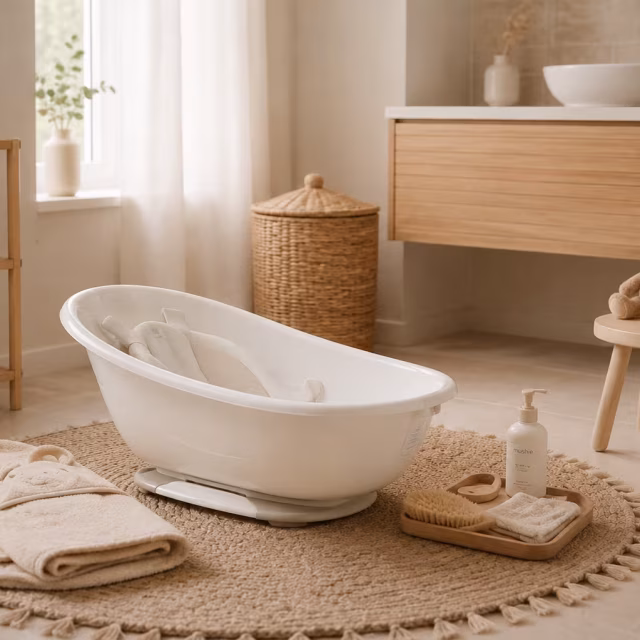 White baby bath on a bathroom floor with folded towels