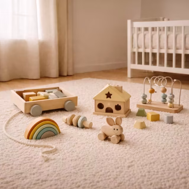 Wooden toys laid out on a rug in a bright nursery next to a white cot